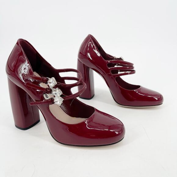 Miu Miu Burgundy Patent Leather Crystal Strap Mary Jane Block Heel Pump IT 36 - Picture 1 of 13